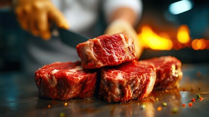 Four fresh cuts of raw meat are displayed on a gleaming surface, emphasizing the beauty of culinary preparation and the raw essence of quality ingredients.