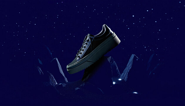 A sleek pair of high-heel shoes on a dark background resembling a night sky constellation