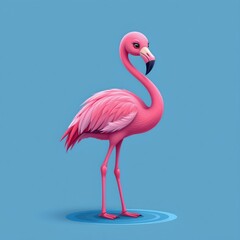 Fototapeta premium Cute Cartoon Illustration of a Flamingo on a Blue Background, Polished Gleam, Position Subject Clearly at Top with Ample Copy Space at Bottom