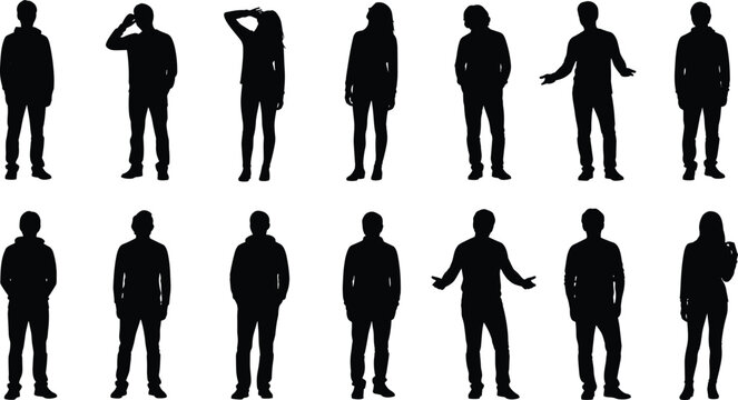 Human silhouette poses, body language gestures, black vector people, standing positions, hands on hips, raised arms, posture variety