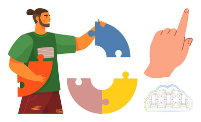 Man holding puzzle pieces in a circle with a pointing hand and a cloud diagram. Ideal for teamwork, problem-solving, creativity, decision-making, strategy, connection, goal alignment. Simple flat