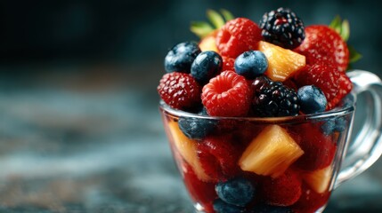 A vibrant mix of fresh berries and pineapple chunks served in a glass bowl, showcasing the beauty of nature's bounty and appealing to health-conscious eaters.