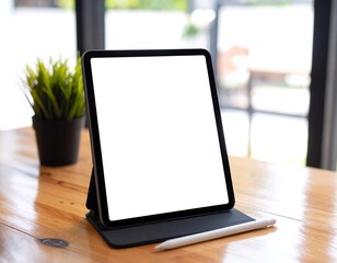Modern Tablet Mockup on Wooden Table with Plant and Stylus.