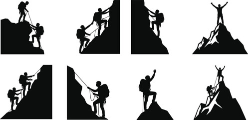 Mountain climber silhouettes, adventure poses, black white graphic, rock climbing action, summit celebration, teamwork gesture, outdoor sport set