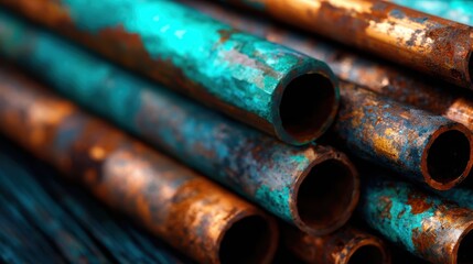 An artistic close-up of weathered copper pipes with a vibrant patina, showcasing textures and colors that evoke a sense of age and character in industrial spaces.