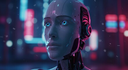 Futuristic Robot Woman with Glowing Blue Eyes in a Cyberpunk Cityscape