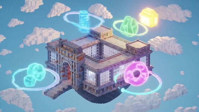 Isometric Floating Game Building with Colorful Neon Icons in Blue Sky Scene.