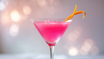 A pink cocktail in a martini glass with an orange peel garnish.