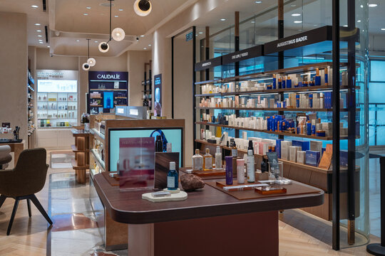 Penang, Malaysia &ndash; Apr 30, 2024: A view inside Ken&rsquo;s Apothecary showcasing premium skincare and beauty products from brands like Augustinus Bader, Caudalie, and Malin+Goetz in a stylish retail setting