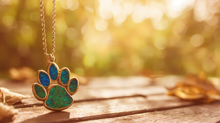A vibrant paw print pendant on a rustic table, honoring World Animal Day with warmth and nature.