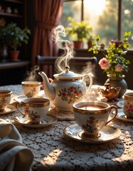 Vintage Tea Set with Steaming Teapot and Cups on Lace Tablecloth
