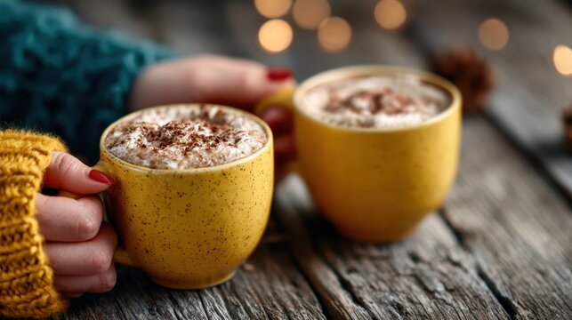 A cozy setting featuring two yellow mugs filled with frothy cocoa topped with chocolate, evoking warmth and comfort in a rustic wood environment during festive times.