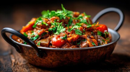 A delicious dish filled with vibrant ingredients, garnished generously with fresh herbs, enticing viewers with its rich colors and textures, promising a flavorful culinary experience.