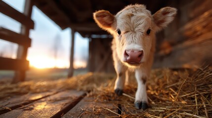 A cute calf curiously gazes from within a rustic barn as soft sunlight filters through, creating an endearing scene that captures the essence of farm life and innocence.