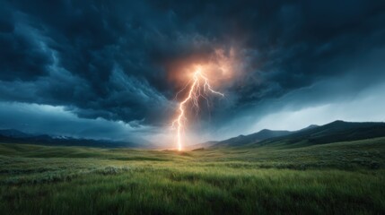 Obraz premium A spectacular lightning bolt illuminates a moody landscape filled with dark clouds and lush green meadows, representing nature’s raw power and the beauty of the stormy sky.