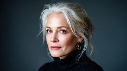 An intimate portrait capturing the elegance and wisdom of a mature woman, embodying confidence and grace with her striking features and thoughtful expression.