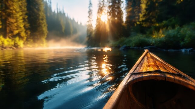 A tranquil morning scene featuring a kayak gliding over calm waters in a scenic forest landscape, embodying the serenity and beauty of nature at sunrise.