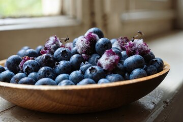 Fresh blueberries in a bowl. A close-up of a rustic wooden bowl filled with ripe, fresh blueberries and tiny insects, sitting on a windowsill in natural light.