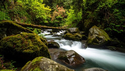 Lush forest stream cascading over rocks