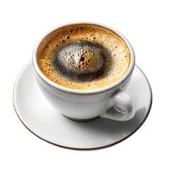 Fototapeta premium White coffee cup with a brown foam on top sits on a white saucer