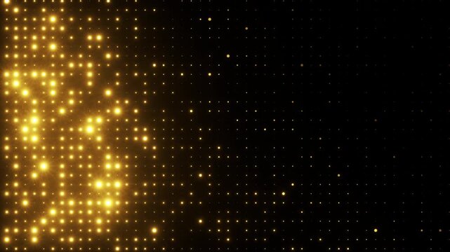 Golden glowing blinking lights. Grid pattern with random size dots. Shimmering particles abstract background for festive design, New Year. 4K loop animation.