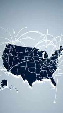 Futuristic data visualization video of the contiguous US map in deep blue with glowing white borders on a pure white background. Glowing network lines emanate, connecting regions to form a pulsing