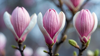 Obraz premium Magnolia flowers in bloom with pink and white petals on tree branches. Nature and floral scene. Springtime blossoms. The concept of blooming flowers and botanical beauty.