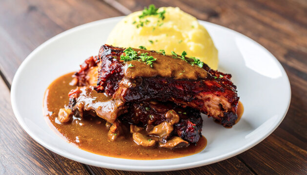 Braised short ribs with brown mushroom gravy and mashed potatoes. AI - Powered by Adobe