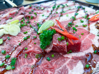Close-Up of Marinated Beef Slices with Garnishes