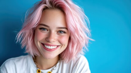 A bright, cheerful young woman with pink hair smiles radiantly in front of a vibrant blue background, capturing a sense of happiness and youthful essence.