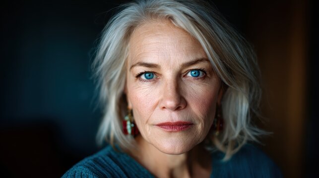 A striking, close-up portrait of an older woman with silver hair and an intense gaze, capturing the depth of emotions and the beauty of aging, reflecting wisdom and experience.