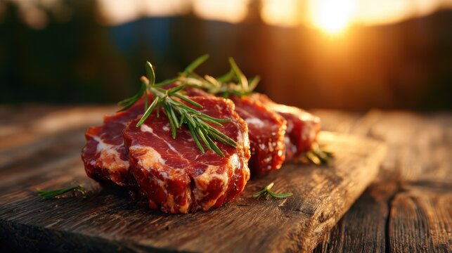 Raw cuts of meat displayed on a rustic wooden table, adorned with fresh herbs, highlighting the essence of culinary preparation and the art of cooking with passion.
