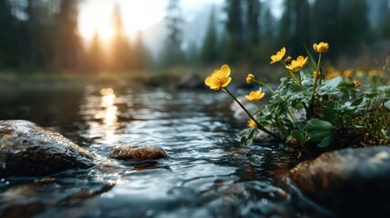 A serene landscape featuring vibrant yellow flowers blooming beside a gently flowing stream, highlighting the beauty of nature and the tranquility it brings to the soul.