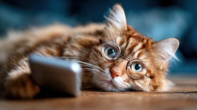 An adorable ginger cat in stylish glasses lying comfortably on a wooden floor, creating an irresistibly charming and playful scene that highlights cozy indoor life.