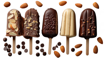 Chocolate glazed vanilla ice cream bar on stick transparent PNG cutout set bundle, isolated background. Almond nuts, dark, milk and white chocolate flavor cue.