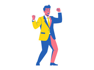 Fototapeta premium Triumphant man with split suit: A vibrant illustration showcasing a man in a unique split suit, exudes happiness and a feeling of triumph. This lively image symbolizes success, joy, and achievement