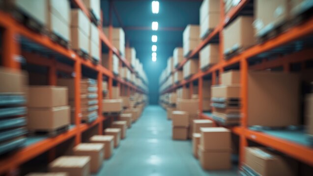 A warehouse aisle with shelves filled with boxes and packages, captured with motion blur.