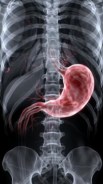 Detailed Stomach Anatomy and X-Ray Skeleton View Showing Internal Organs and Human Body on Dark Background for Medical Education