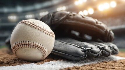 Close up of a textured baseball beside a worn leather glove on dusty infield dirt under bright stadium lights, capturing anticipation.
