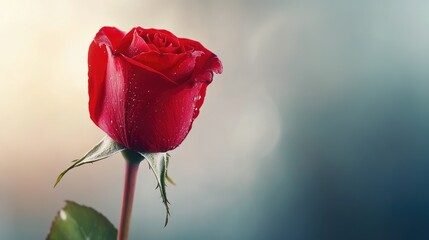 Fototapeta premium A macro shot of a Valentine's Day red rose in soft-focus background