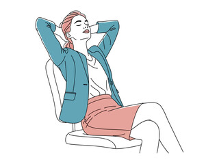 Relaxation and Contemplation: A relaxed woman in a business suit leans back in her chair, eyes closed in a moment of peace and contemplation.