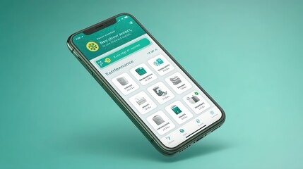 A sleek handheld smartphone tilts diagonally, revealing a teal themed app dashboard with a neat grid of rounded cards modern eco friendly UI