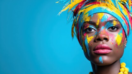 A striking portrait showcasing a woman adorned with vibrant paint, accentuated by a colorful head wrap that bursts with hues, radiating creativity and cultural pride.