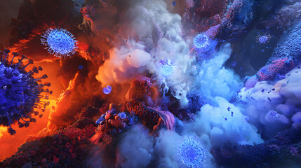 Abstract microscopic view of viral particles attacking cellular structures in fiery red and cool blue contrast.