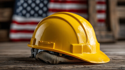 A yellow hard hat resting on gloves with an american flag in the background blur