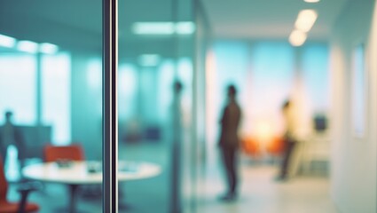 A blurry office scene with people and meeting tables behind a glass wall, with the image name 51264.