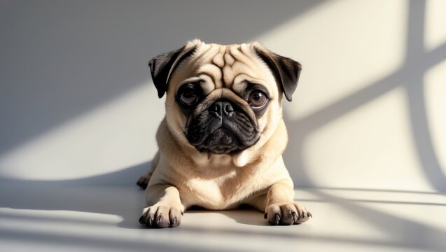 Cute pug dog lying on the floor with shadow and sunlight. Adorable pet and puppy, close-up portrait.