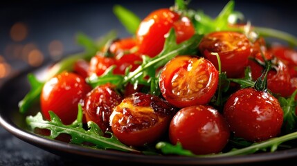 A vibrant plate filled with roasted cherry tomatoes sprinkled with arugula, showcasing a captivating culinary creation that delights both the eyes and palate.