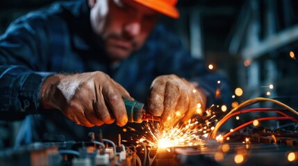 A focused craftsman in a hard hat welding metal, with bright sparks illuminating the scene, embodies hard work, dedication, and craftsmanship in an industrial setting.