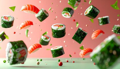 Flying Sushi with Pink Background.